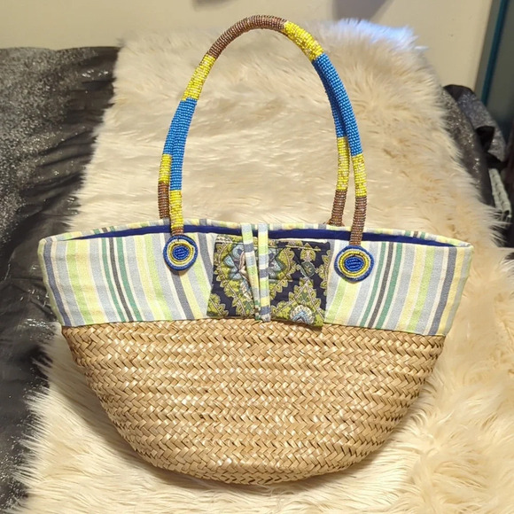 Artisan Seed bead basket purse tote bag for beach shopping or picnic - Picture 2 of 6